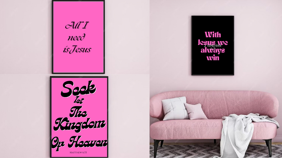3 framed Christain wall prints that are in black and pink, that are great for building up your Faith and confidence in Jesus. 